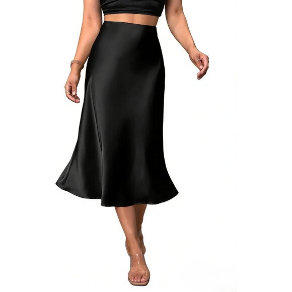 Dresses & Skirts - Women's Black Satin Elegant Fishtail Silk A Line Casual luxurious Midi Skirt